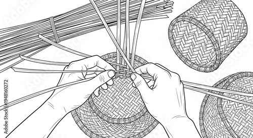 Hands Weaving a Basket - Crafting Tradition and Skillful Artistry.