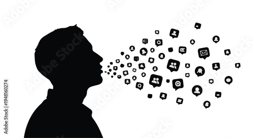 person speaking with social media icons coming out of mouth