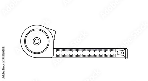 Line art drawing of a retractable tape measure tool for construction and DIY projects.