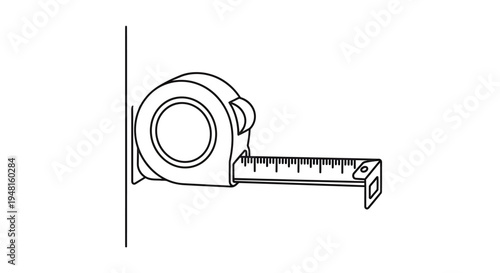 A black and white line art illustration of a retractable tape measure with its blade extended, resting against a vertical surface.