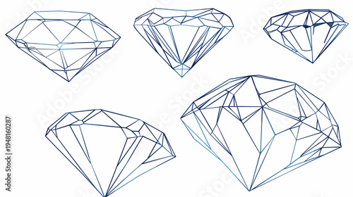 Five stylized diamond illustrations, in various positions, with intricate blue line details on white