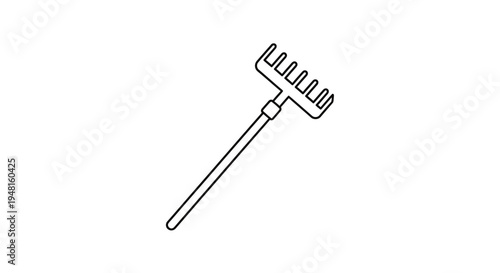 Black line art drawing of a garden rake with a long handle and multiple tines, used for yard work.