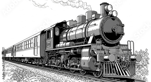 Detailed illustration of a vintage steam train with passenger cars.