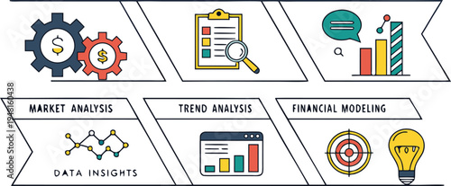 A horizontal banner of business icons in a flat 'filled outline' style. The set includes icons for Market Analysis, Trend Analysis, Financial Model.