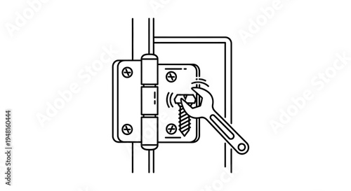 A wrench is used to tighten a screw on a door hinge, illustrating maintenance or installation.