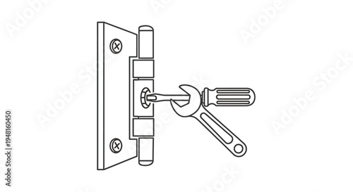 Line art illustration of a hinge being adjusted or disassembled with a screwdriver and wrench.