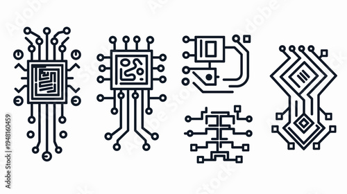Four black circuit board icons in a row, displaying various intricate designs