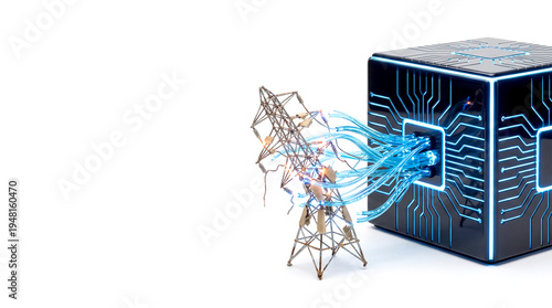 Smart Grid Technology And Energy Transition Power Transmission Tower Connected To Digital Cube Representing Innovation In Energy Infrastructure And Sustainable Solutions