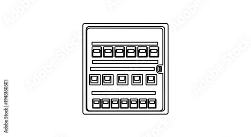 Line drawing of an electrical circuit breaker panel with multiple switches and fuses.