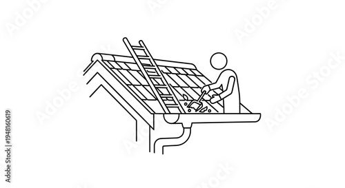 Stick figure person on a house roof, using a ladder to access and clean the gutter, performing home maintenance tasks.