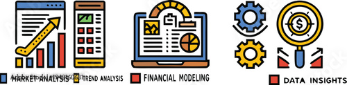 A horizontal banner of business icons in a flat 'filled outline' style. The set includes icons for Market Analysis, Trend Analysis, Financial Model.