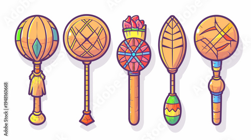 A collection of five unique, stylized scepters, each different and uniquely decorated