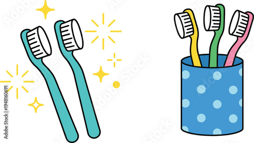 Toothbrush dental hygiene icon set featuring clean toothbrushes with sparkles and colorful brushes in cup for oral care
