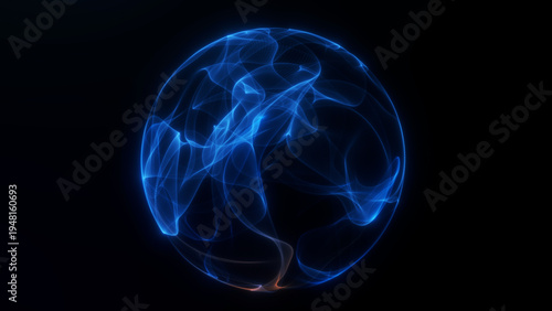 Bright blue glowing plasma sphere created by flowing digital waves and smooth luminous lines. Futuristic energy orb floating on dark technology background.