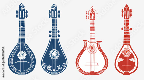 Four stringed instruments, two blue and two red, arranged in a row on a white background