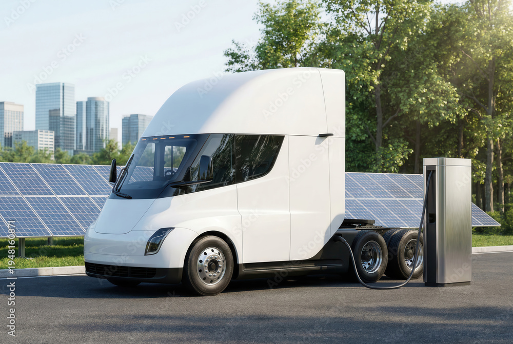 Fototapeta premium Electric semi-truck charging, leveraging solar panel energy