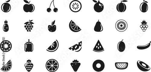 A high-quality collection of minimalist fruit icons, flat vector style, solid black silhouettes on a pure white background.