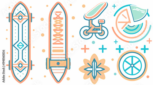 Graphic with skateboards, space rover, chart, flower, wheel, in coral and teal