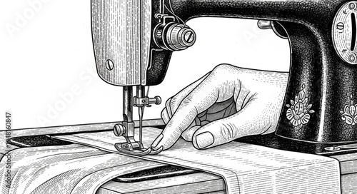 Vintage Sewing Machine in Operation with Hand Guiding Fabric.