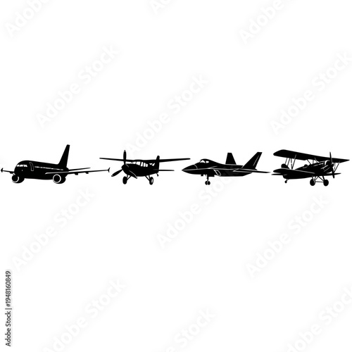 Diverse Aircraft Silhouettes: Vintage Biplane, Propeller, Jet, and Modern Plane