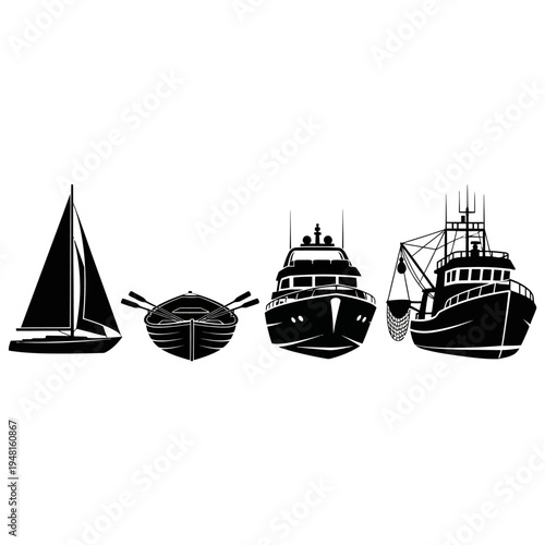 Diverse Watercraft Silhouettes: Sailboat, Rowboat, Yacht, Fishing Boat