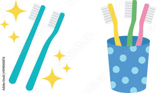 Toothbrush dental hygiene icon set showing clean toothbrushes with sparkles and colorful brushes in cup for daily oral care