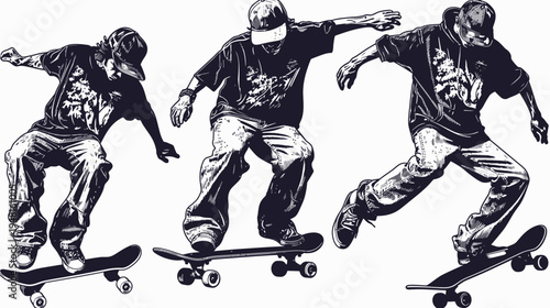 Three skateboarders in dynamic poses against a white background in a vector illustration