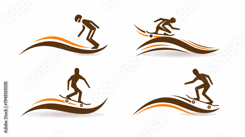 Four icons of a skateboarder in various positions with curved lines for background