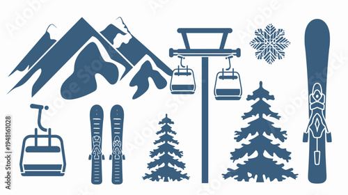 Blue silhouette icons of winter sports and nature elements against a white background