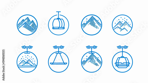 Eight blue circle ski icons mountain range and ski lift, with a textured appearance