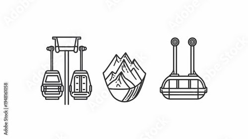 Three black line icons of a cable car, stylized mountains, and an aerial tramway car