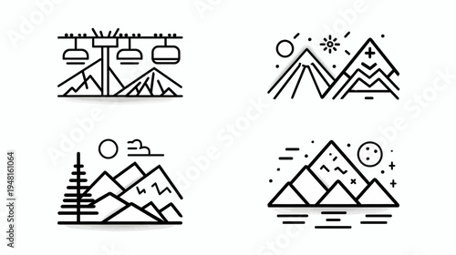 Four mountain scenery designs featuring stylized elements in a minimalist, black and white style