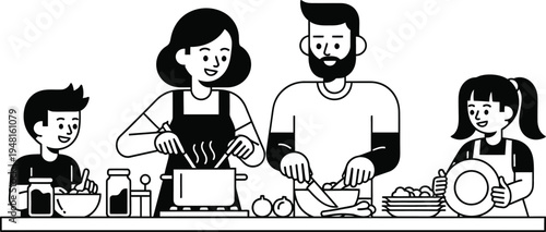 family cooking together in kitchen