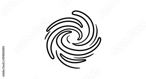 A black and white abstract line art illustration depicting a dynamic swirling vortex or spiral pattern with curved lines.
