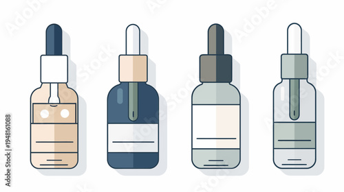 Four differently colored dropper bottles lined up