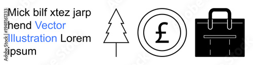 Finance, business tools, eco-friendly concepts, visual branding, sustainability, economic icons. A pine tree outline, a pound symbol in a circle and a black briefcase. Finance and business tools