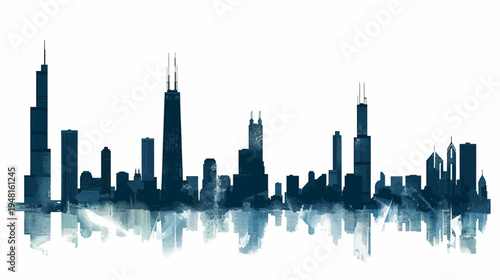 Stylized skyline silhouette in blue hues, with a water-like reflection