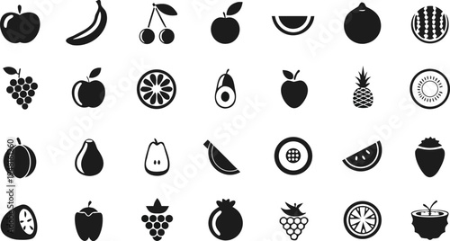 A high-quality collection of minimalist fruit icons, flat vector style, solid black silhouettes on a pure white background.