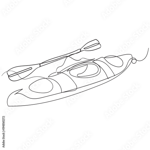Single continuous line drawing canoe trails and rafting club with kayaking equipment