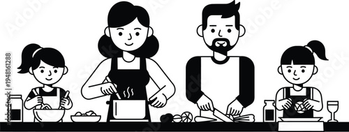 family cooking together, parents and kids in kitchen