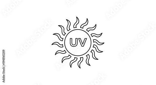 Black and white line art icon of a sun with the letters UV in its center, symbolizing ultraviolet radiation or protection.