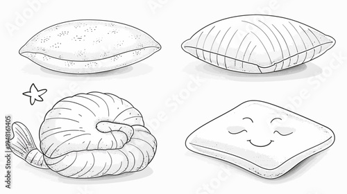 Four illustrated pillows in varied shapes and expressions against a white backdrop