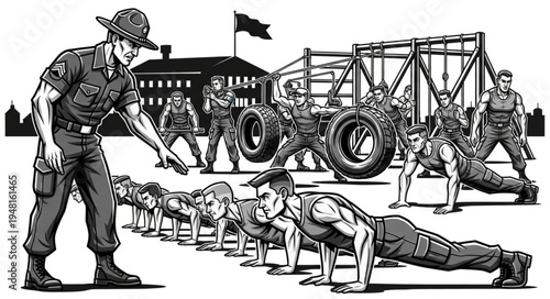 Military Training - Soldiers Performing Push-Ups Under Supervision.