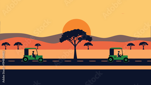 A minimalist flat vector illustration of a rural landscape at sunset. Two green auto-rickshaws (tuk-tuks) with drivers are driving on a dark road.