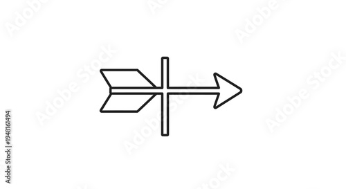 Simple outline drawing of an arrow with fletching and an arrowhead, intersected by a vertical line, on a white background.