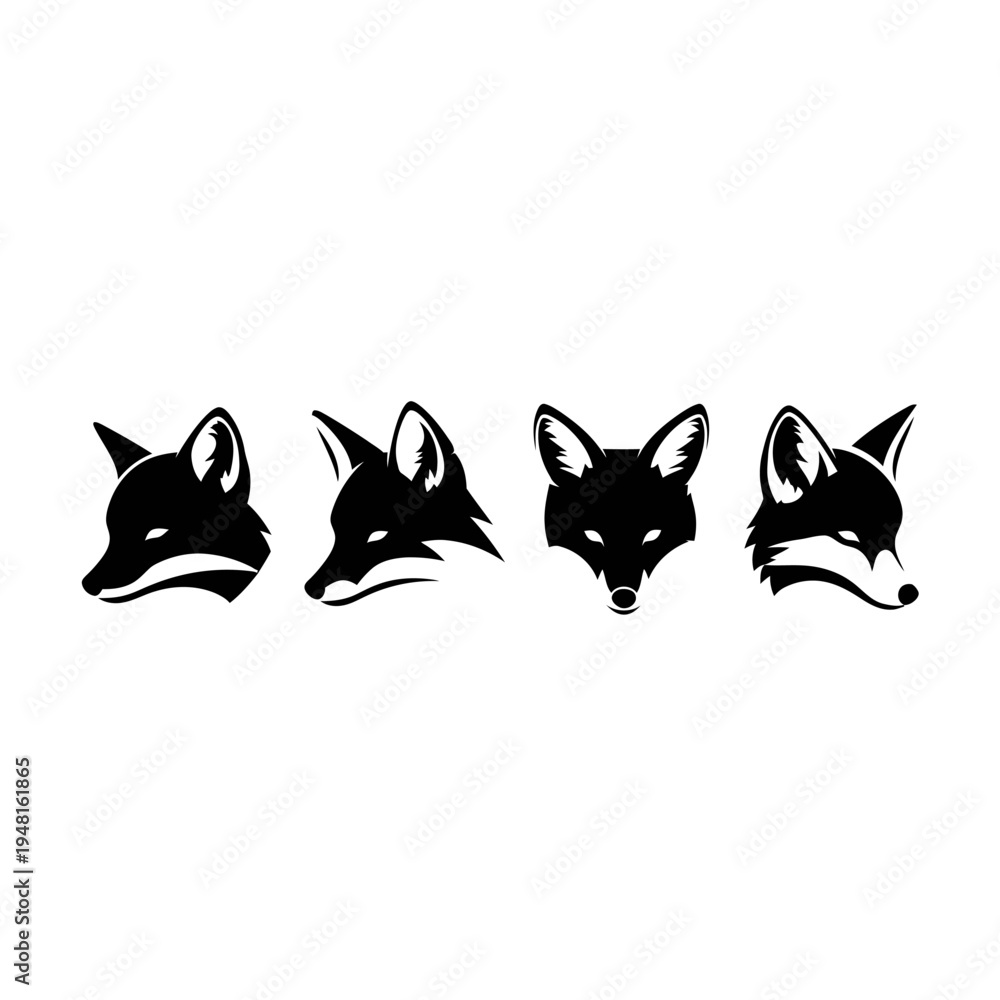 Fototapeta premium Four Black Fox Heads Silhouette, Minimalist Vector Art, White Background