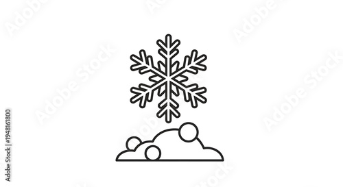 Line art drawing of a snowflake above a small pile of snow, representing cold weather or winter.