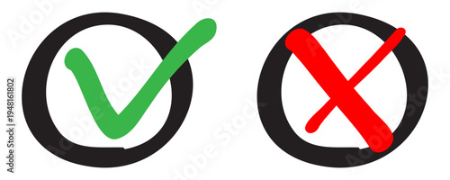 Hand-drawn check and cross marks in circles. A green tick and a red cross inside rough black circular outlines on a white background. Vector illustration.