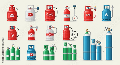 Collection of Various Gas Cylinders and Tanks for Different Purposes.