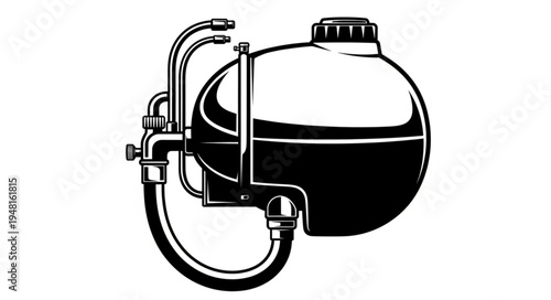 Illustration of a spherical tank with attached pipes and fittings.